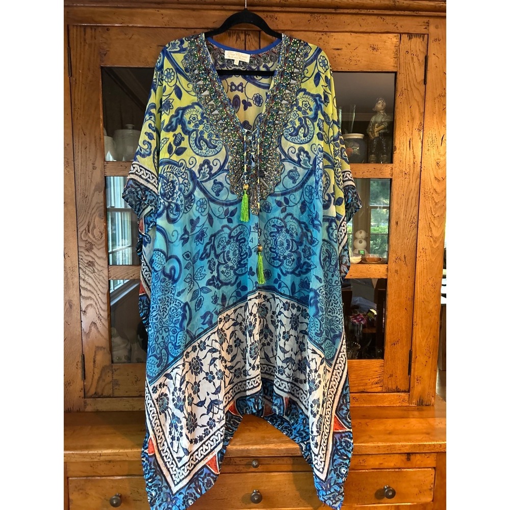 True Colours La Moda Cover Up Resort Beach Kaftan Beads Tassels Blue Yellow OS